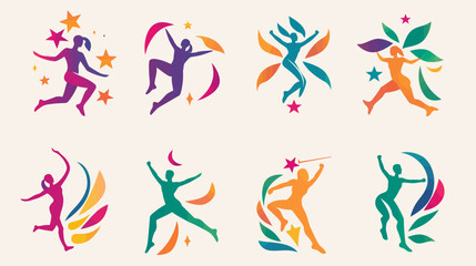 Obraz premium Colorful silhouette figures in dynamic poses with stars and decorative elements