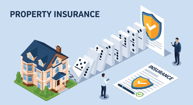 Conceptual illustration showing property insurance protecting a house from a sequence of falling domino disasters.
