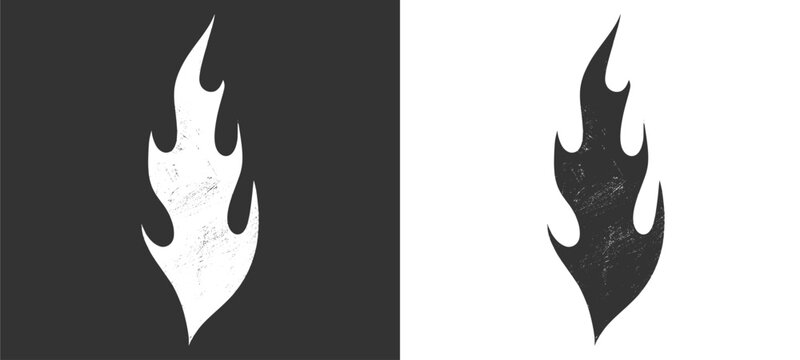 Single white fire flame icon beside black distressed grunge silhouette outline shape.