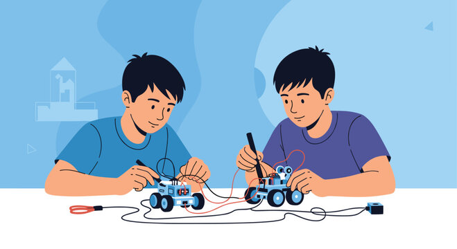 Two curious young boys sitting at a table together while learning to build and program small electronic robots.