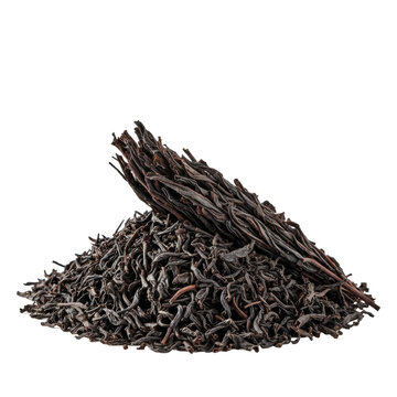 High-grade loose-leaf black tea mound, finely rolled, sculpted, deep mahogany to black, intricate texture, extreme close-up on transparent background with copy space. Concept for premium tea