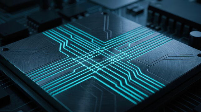Quantum processor with glowing blue circuit lines illustrating tensor processing unit TPU and ai accelerators for advanced computing technology