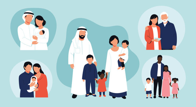Diverse collection of happy families from different cultural backgrounds including children, parents, and grandparents.