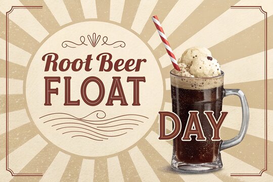 Refreshing root beer float served in a heavy glass mug with a striped straw and creamy vanilla ice cream scoops presented in a vintage style poster design for national holiday