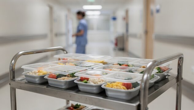 Closeup of a hospital cart holding diabetic diet trays covered and ready highlighting portion control and dietary care with a nurses silhouette out of focus.