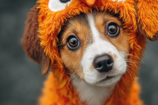Cute puppy wears orange plush costume. Perfect for Halloween, pet care, or fun.