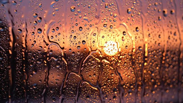 Rain condensation on windowpane during intense orange sunset