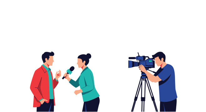 News reporter interviews a person while a professional cameraman captures the scene for a television broadcast.