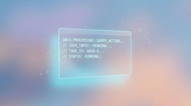 A floating transparent user interface window with glowing text and a digital code. A futuristic neon background for the HUD panel, embodying the concept of AI and technology. AI generated.