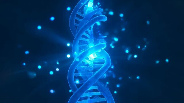 DNA strand rotating and glowing with blue light. Abstract scientific concept of genetic research.