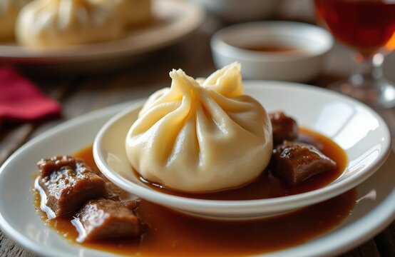 Steamed Polish pampuchy dumplings with meat filling served in savory sauce on white plate. Soft yeast dough bun with rich brown gravy and chunks of tender meat, delicious hearty meal.