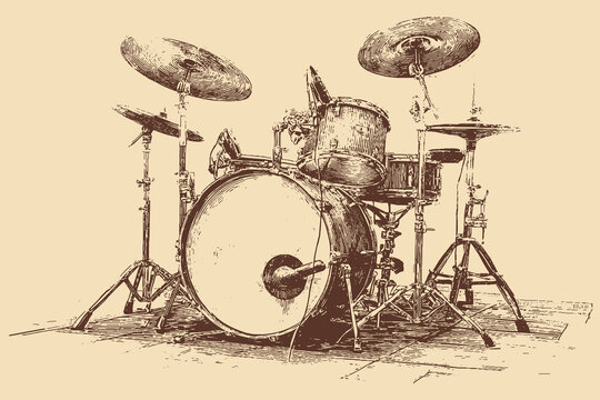 Vector silhouette of a simple drum set (bass drum, snare drum, hi-hat, cymbal).