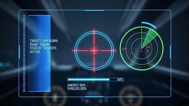 Futuristic interface with radar and target acquisition display.