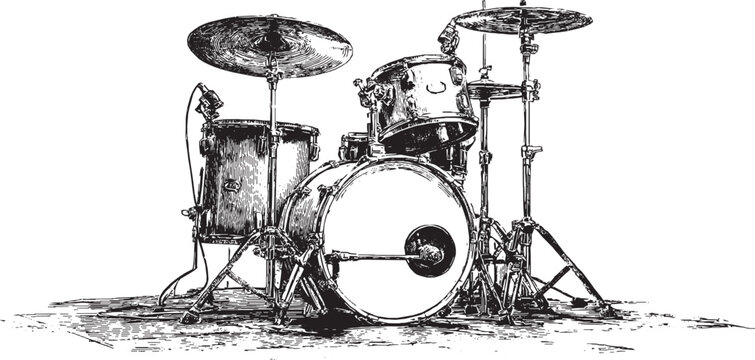 Vector silhouette of a simple drum set (bass drum, snare drum, hi-hat, cymbal).