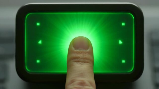 Finger pressing illuminated green button on a control panel. Modern technology interface with glowing light.