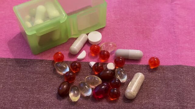 Supplements and capsules on pink tablecloth, closeup of green pillbox with assorted omega softgels, red and clear gelatin beads