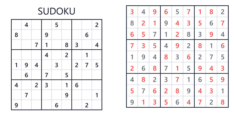 Sudoku puzzle grid with solution and incomplete layout  