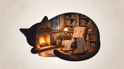 Obraz premium Sleeping cat silhouette revealing a cozy room with a fireplace and bookshelves. Winter home comfort concept