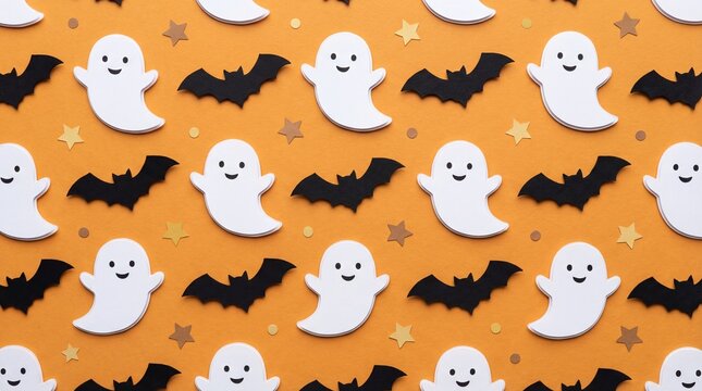 A vibrant and whimsical Halloween-themed background featuring a repeating pattern of cute ghost illustrations and black bat silhouettes scattered across a warm orange backdrop.