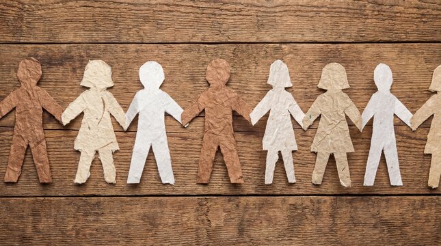 A line of diverse paper doll people holding hands, representing unity and diversity, set against a rustic wooden background