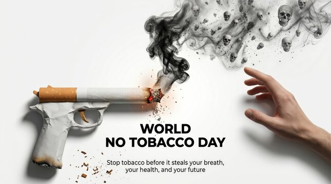No Tobacco Day concept with a cigarette shaped like a gun firing smoky skulls, symbolizing tobacco as a deadly on May 31