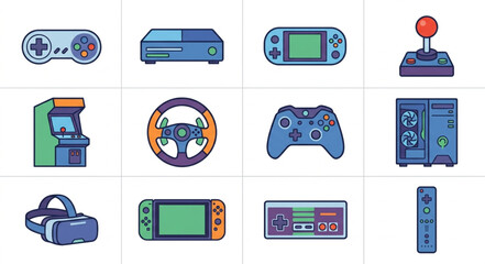 Collection of vintage and modern video game consoles and accessories. © Kucing