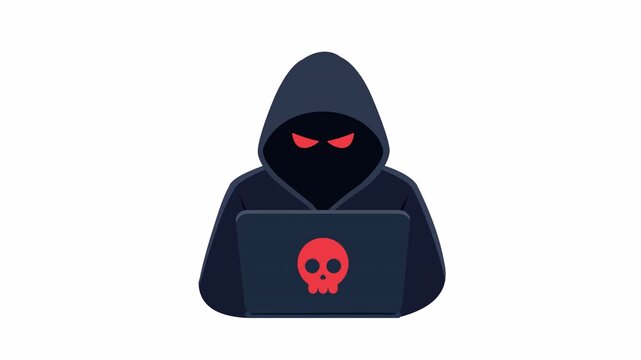 Anonymous hacker avatar with glowing eyes and laptop cybercrime concept, vector flat 2d illustration isolated on transparent background with alpha channel