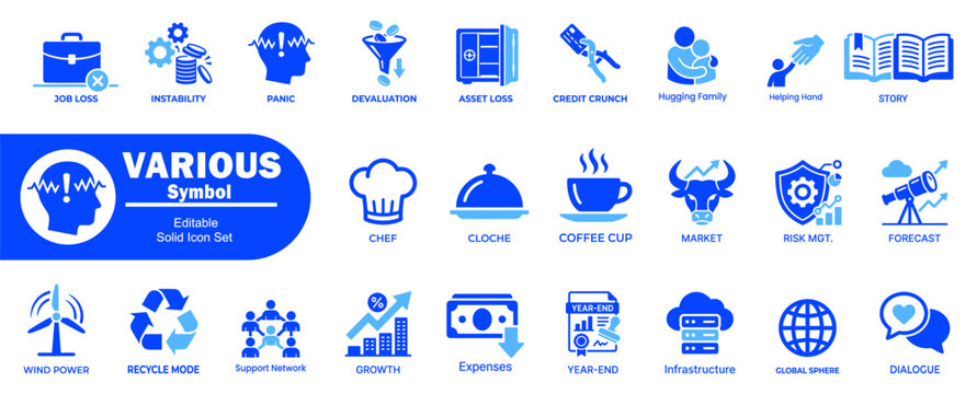 Financial risk and business crisis management icons. Featuring job loss, economy, management, business, loss, instability, panic, devaluation, asset, credit, family, story, chef, cloche, coffee.