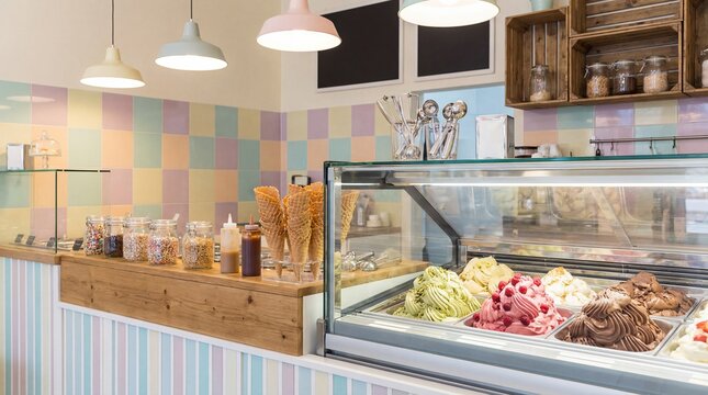 A vibrant ice cream parlor with a colorful tiled wall and a display case filled with various flavors of gelato and sorbet, including fruit and chocolate options, alongside waffle cones and toppings.