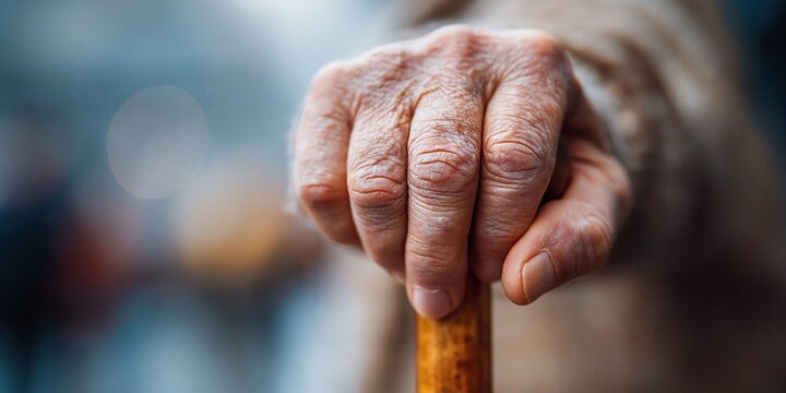 Aging hands holding a walking stick close up