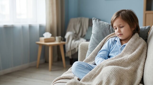 Sick boy wrapped in blanket sitting on sofa. Unwell child resting at home with flu or cold symptoms. Healthcare awareness concept