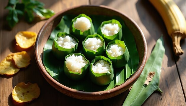 Sticky rice treats served in natural banana leaf cups on a wooden table. Delicious Indonesian snacks offer a taste of local cuisine. A healthy, fresh meal option.