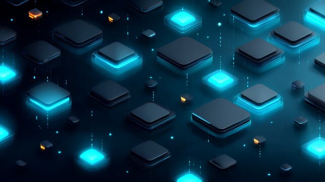 Advanced Server Farm and Cloud Computing Database Infrastructure Isometric Concept with Glowing Blue Neon Square Interface Panels