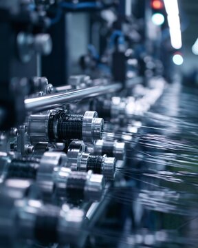 Medium angle footage capturing largescale carbon fiber precursor spinning machinery emphasizing fullscale extrusion processes before carbonization in a manufacturing environment.