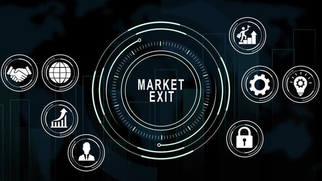 Market exit strategy concept with digital hud interface and corporate business for financial planning, investment risk management, economic downturn, and enterprise