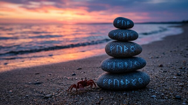 Balanced stack of five smooth weathered stones carved with glowing blue runes rests on a sandy beach near a scurrying tiny red crab at dusk.