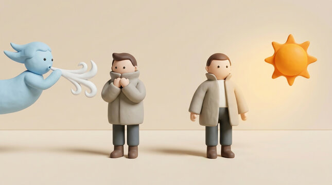 3D clay illustration of the fable The North Wind and the Sun, showing a man shivering in the wind and another man warmed by the sun. Concept art for persuasion, management, and strategy.