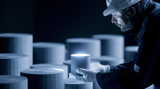 Visual inspection of nuclear graphite billets under bright lighting by a quality control expert ensuring surface integrity and purity for reactor applications.