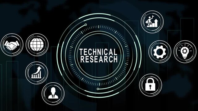 Technical research concept featuring digital hud interface with business and data analytics infographics for corporate strategy, innovation, technology development
