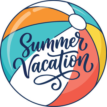 Colorful beach ball with summer vacation text for travel ads