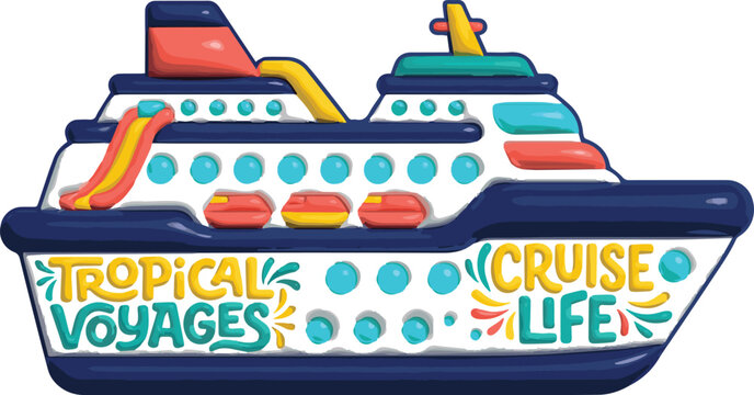 Colorful cruise ship with tropical voyage theme