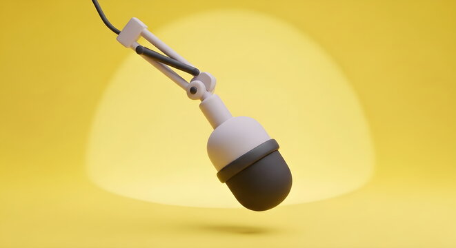 3D render of a studio microphone hanging against a solid yellow background