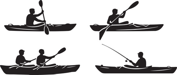 Kayak silhouette vector set, black rowing and fishing boat icons, outdoor water sports activities collection, 4 kayak and canoe elements © Shaiq