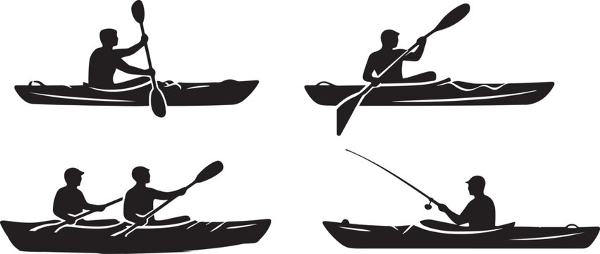 Kayak silhouette vector set, black rowing and fishing boat icons, outdoor water sports activities collection, 4 kayak and canoe elements