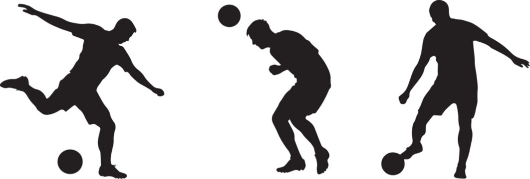 Soccer player silhouettes set, football athletes in action poses, black vector figures kicking and heading ball, sports competition graphics