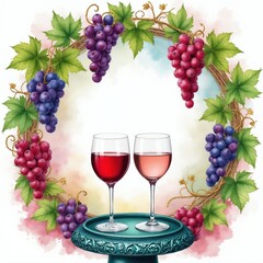 Fototapeta premium Illustration features grapevine wreath with clusters of red, purple grapes. Two wine glasses, one with red wine, with rose, sit on decorative pedestal. Artistic background with soft watercolor