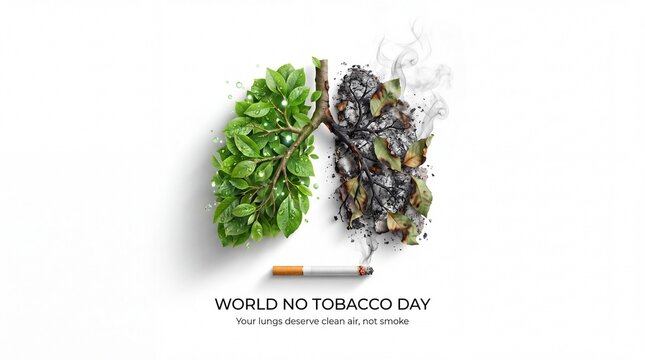 World no tobacco day conceptual art showing healthy green lungs contrasted with diseased burnt lungs symbolizing the devastating effects of smoking on respiratory health with a cigarette