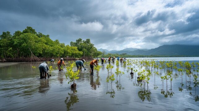 Community members plant mangrove saplings to restore coastal ecosystems and prevent erosion