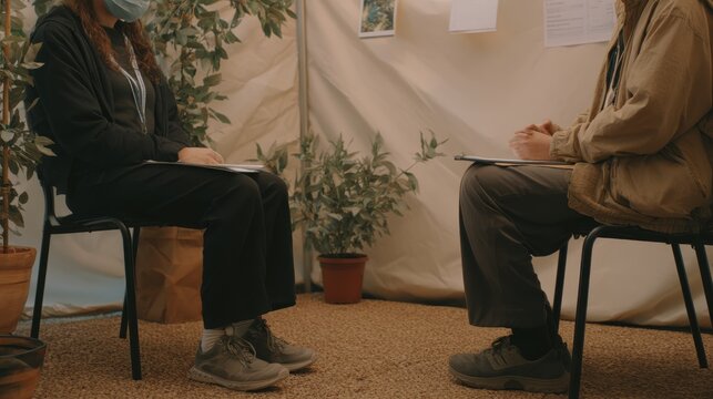 Two people in masks sit facing each other in a tent, discussing documents. A masked individual and another person sit on chairs in a tent, reviewing papers and engaging in conversation
