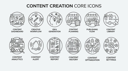 Obraz premium Set of content creation core icons representing digital workflow and strategy.